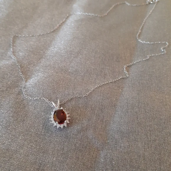1/2 Price Marked Sterling Silver Genuine Garnet and White Topaz Pendant, Chain - Picture 2 of 12